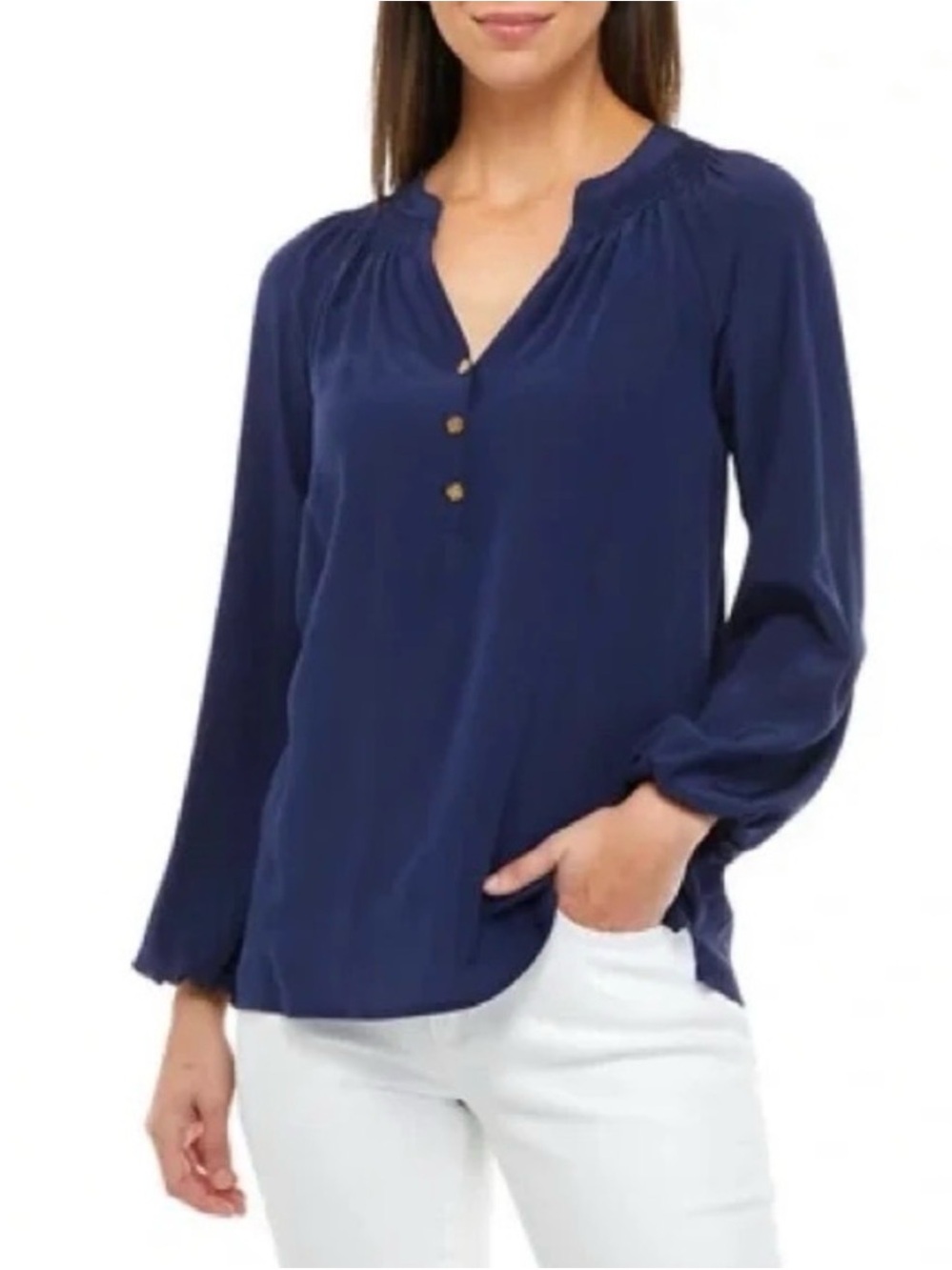 Lilly Pulitzer Elsa Navy Long-Sleeve Henley Blouse